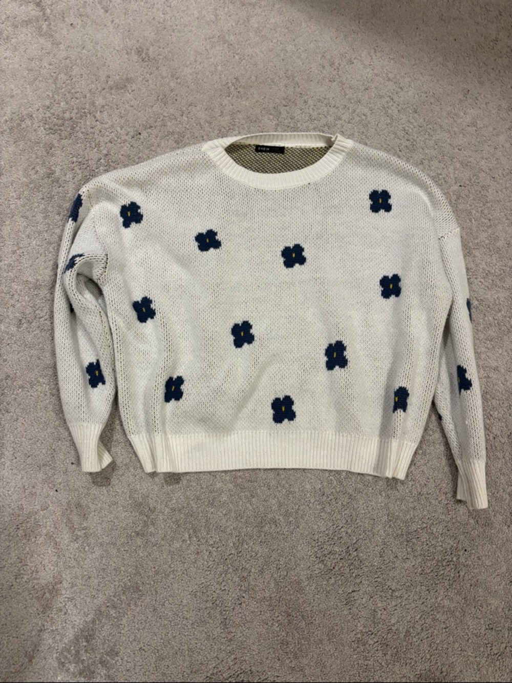 SHEIN Cream Crewneck Sweater with Blue Floral Accents